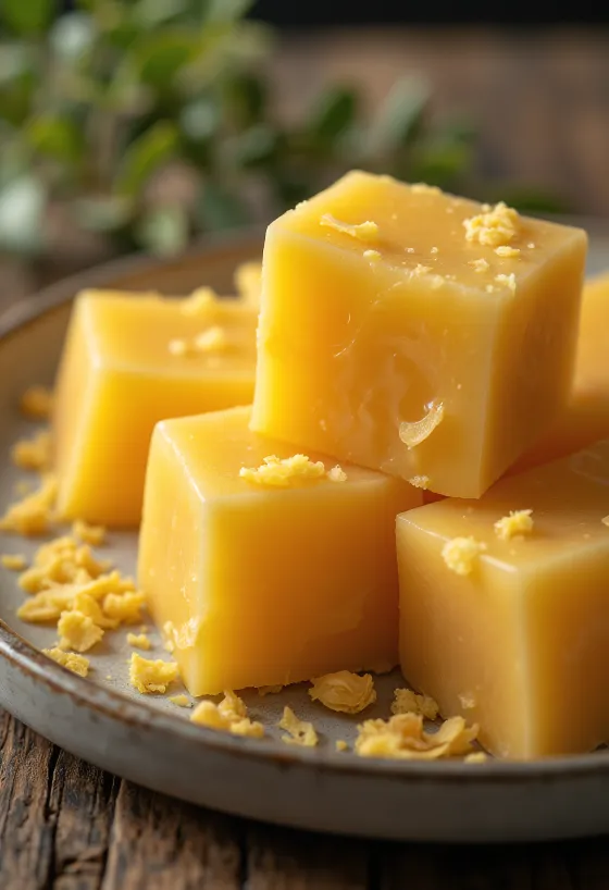 Cera d'api alimentare in blocco e scaglie su superficie in legno