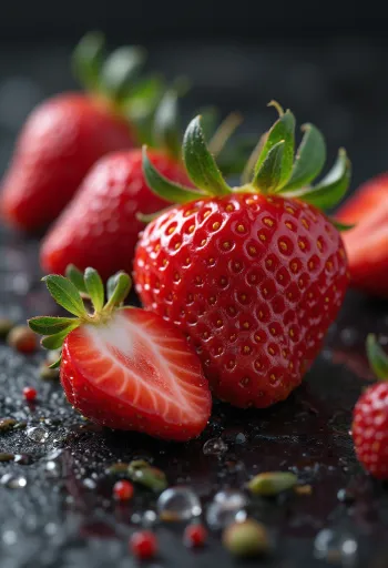 Fragole fresche intere e tagliate su tavolo rustico, con marmellata