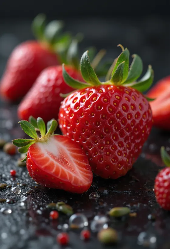 Fragole fresche intere e tagliate su tavolo rustico, con marmellata
