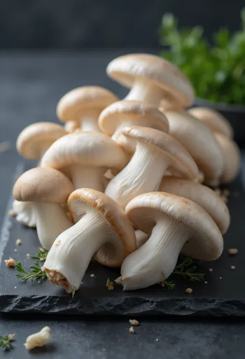 Funghi Eringi freschi con gambo bianco spesso e cappello marrone, su tagliere