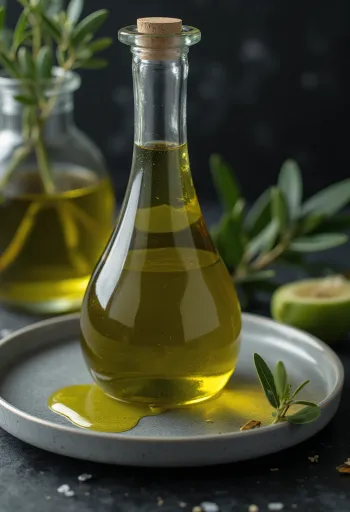 Olio extravergine di oliva in ciotolina di vetro, colore verde-oro
