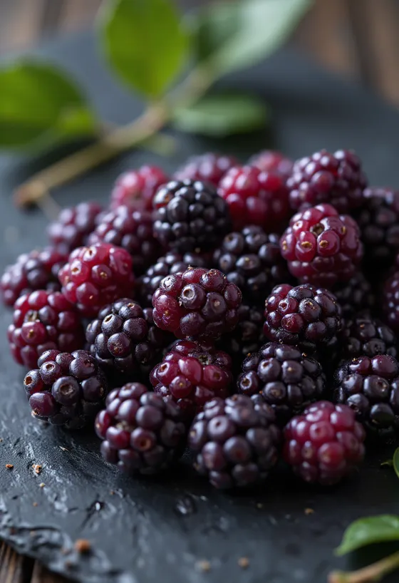 More di gelso fresche di vari colori, intere e tagliate