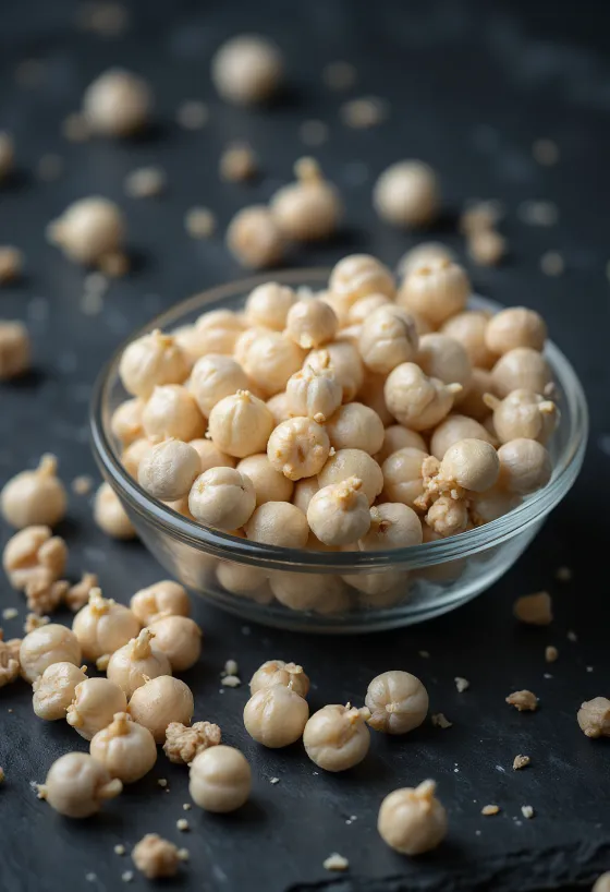 Grani di pepe bianco in ciotola di legno e sparsi