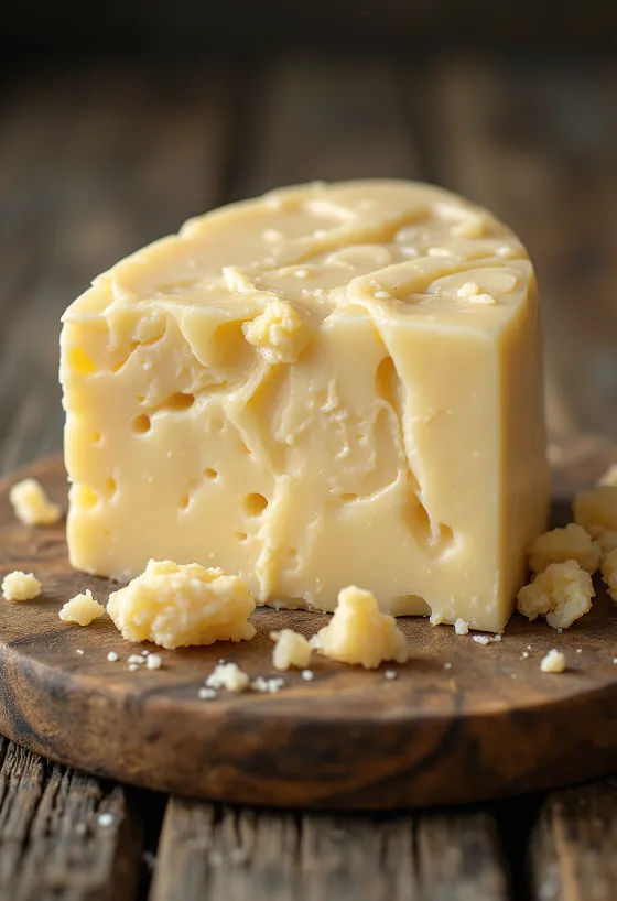 Cheddar bianco in scaglie in ciotola di ceramica su tavolo di legno