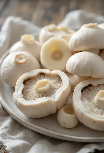 Champignon bianchi affettati e puliti su tagliere di legno
