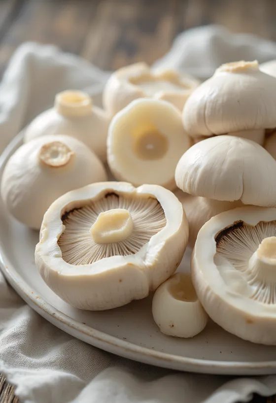 Champignon bianchi affettati e puliti su tagliere di legno