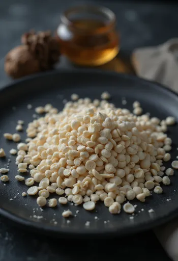 Semi di papavero bianco in dettaglio su superficie chiara