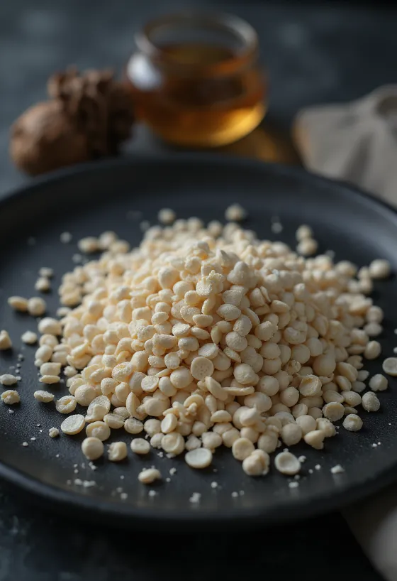 Semi di papavero bianco in dettaglio su superficie chiara