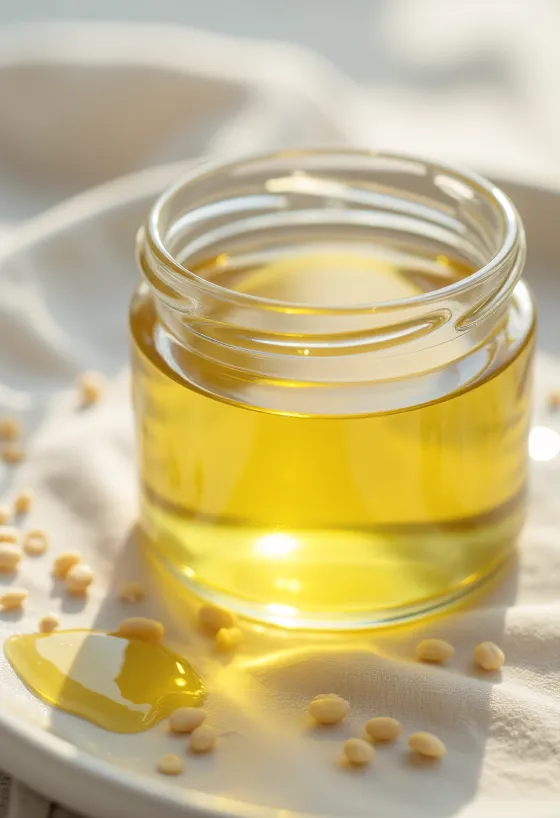 Olio di sesamo bianco in bottiglia e ciotolina con semi di sesamo