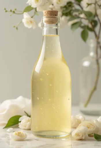 Aceto di vino bianco in caraffa di vetro con uva bianca e mosto