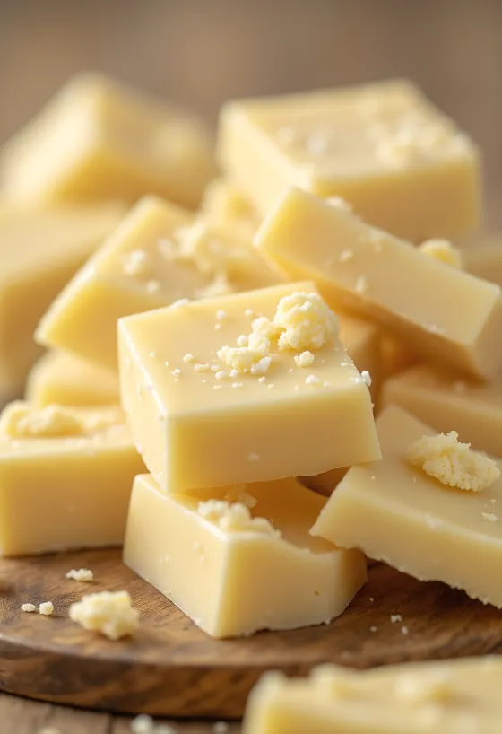 Composizione di cioccolato bianco: tavoletta spezzata, fuso e riccioli decorativi