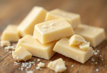 Composizione di cioccolato bianco: tavoletta spezzata, fuso e riccioli decorativi