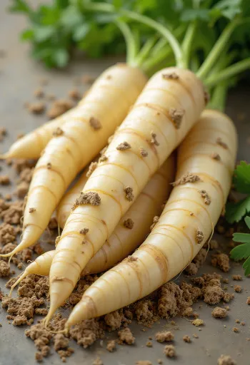 Radice di prezzemolo fresca con foglie verdi, affettata su tagliere di legno