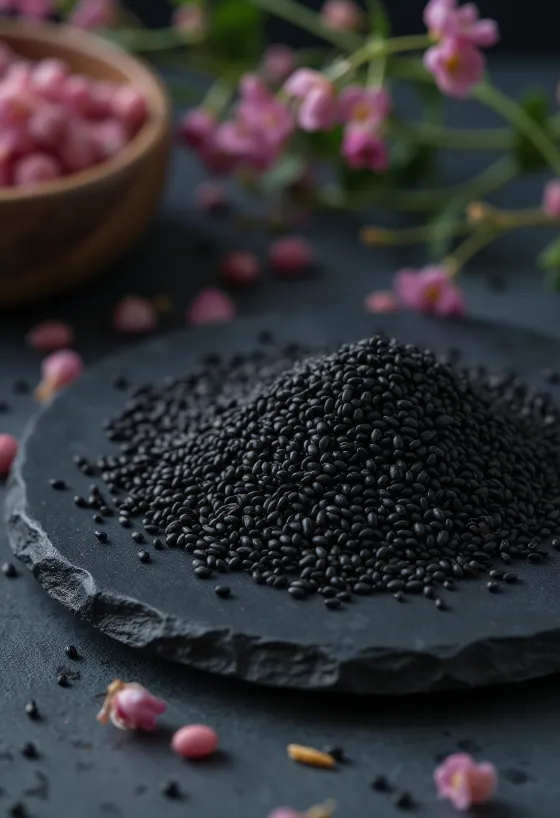 Semi di sesamo nero in ciotola rustica, luce naturale