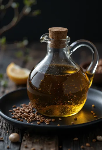 Olio di sesamo nero in bottiglia e ciotola con semi neri