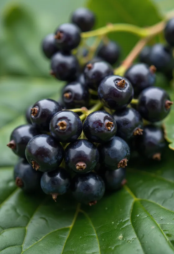 Bacche fresche di ribes nero in ciotola e su tavolo, con marmellata fatta in casa e foglie