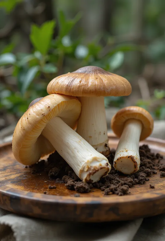 Funghi Matsutake affettati e puliti su tagliere di legno