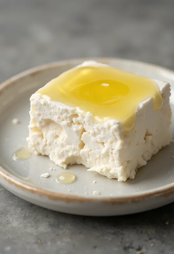 Formaggio Feta tagliato a cubetti e sbriciolato su tagliere di legno