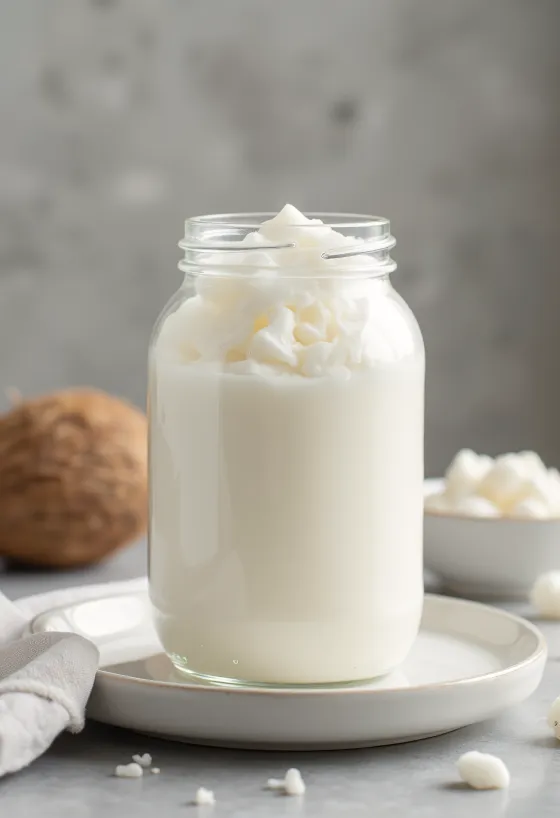 Olio di cocco raffinato bianco in ciotola con cocco secco
