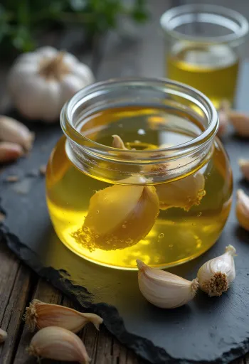 Olio all'aglio in bottiglia e ciotolina con spicchi d'aglio