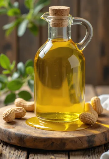 Olio di arachidi in bottiglia con arachidi sgusciate
