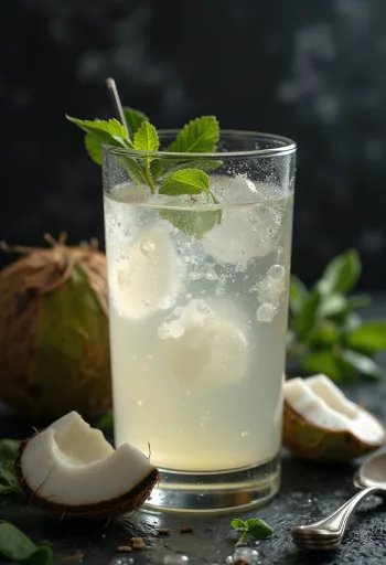 Acqua di cocco fresca in bicchiere trasparente con guscio