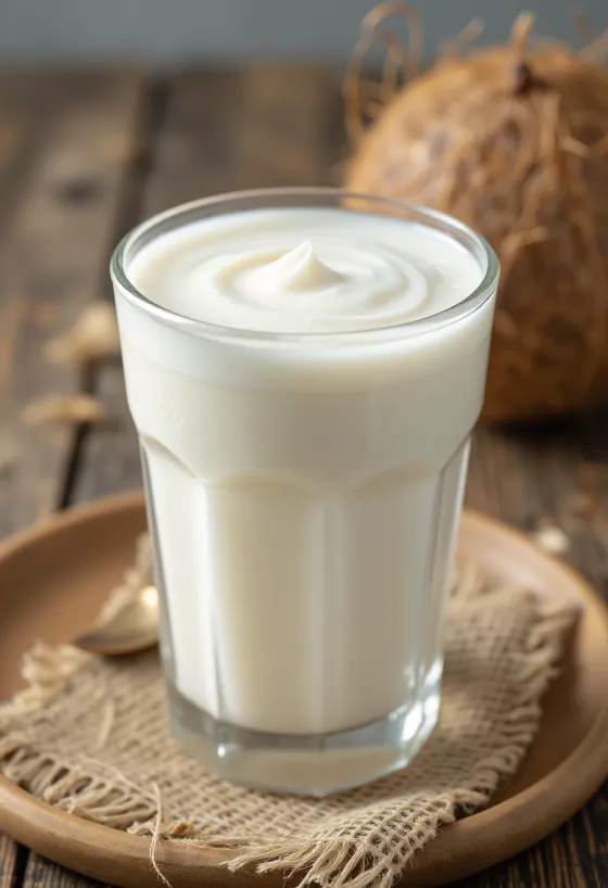 Latte di cocco fresco in ciotolina di vetro con guscio