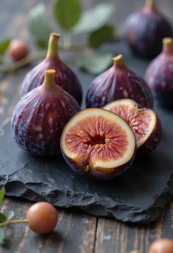 Fichi freschi e secchi tagliati a fette su superficie di legno rustica