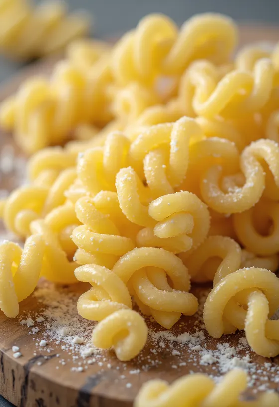Fusilli di semola crudi sparsi su piano di legno, dettaglio della forma a spirale