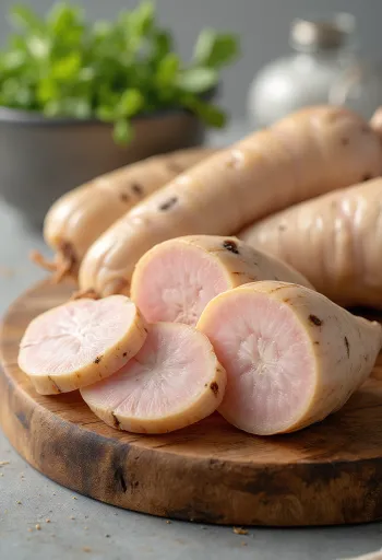 Rizomi di Galanga fresca interi e affettati su sfondo di bambù