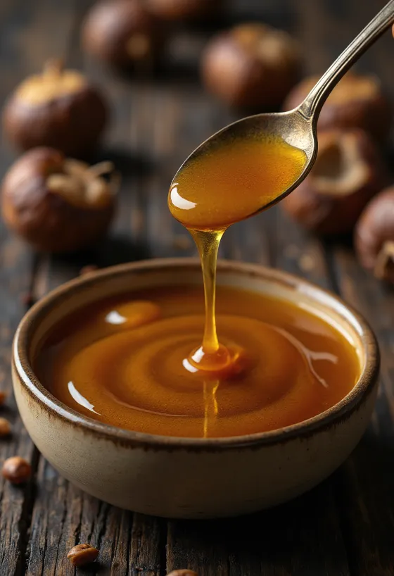 Miele di castagno scuro in vasetto con spargimiele e fiori