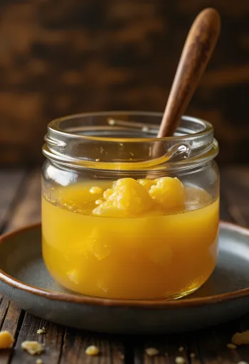 Ghee burro chiarificato in ciotola di vetro con cucchiaio