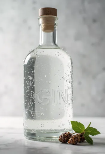 Bottiglia di gin e bicchiere con ghiaccio, bacche di ginepro e spezie