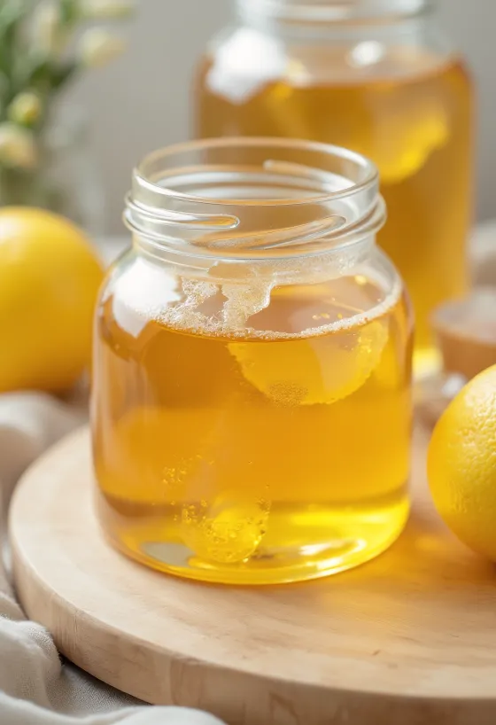 Sciroppo di glucosio in vasetto di vetro con cucchiaio che cola