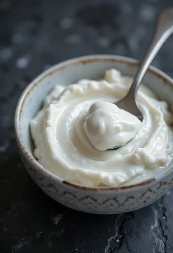 Yogurt greco denso e cremoso in ciotola con cucchiaio