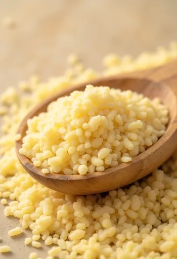 Semolino crudo, detto anche semola di grano, in ciotola rustica su superficie di legno