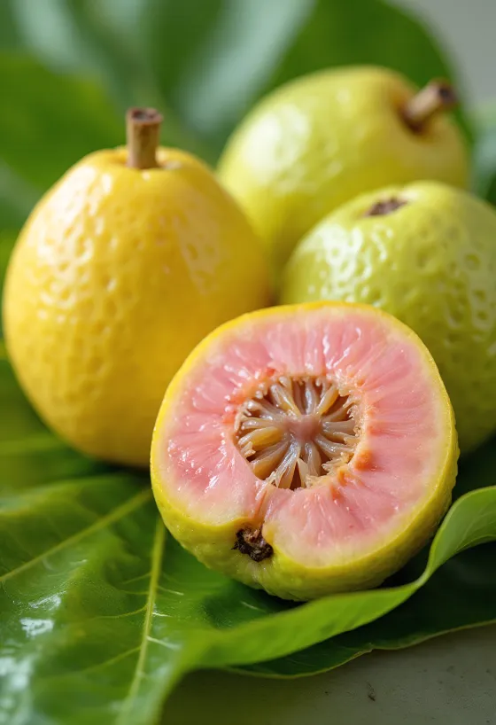 Frutti di guava fresca tagliati, con polpa rosa e buccia verde su superficie di legno