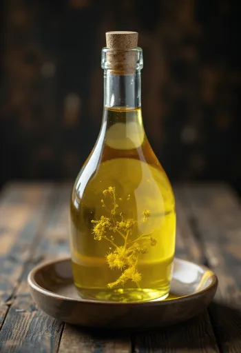 Olio di semi di cotone in bottiglia e ciotola con ramo di cotone