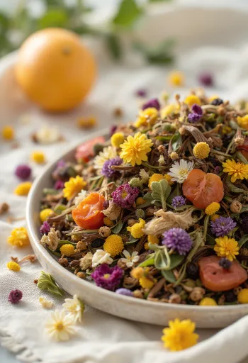 Miscela di erbe per tisana in ciotola con ingredienti sparsi
