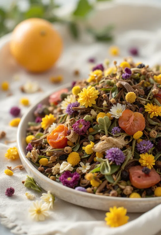 Miscela di erbe per tisana in ciotola con ingredienti sparsi