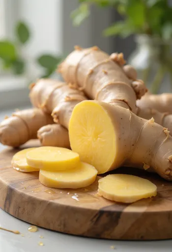 Radice di zenzero fresca intera e grattugiata su piano di legno