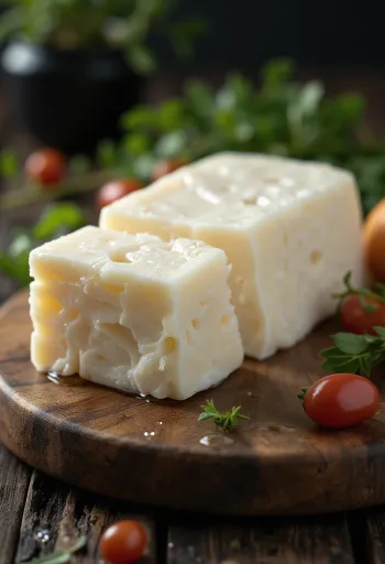 Formaggio Halloumi fresco in una ciotola di ceramica bianca su tavolo di legno
