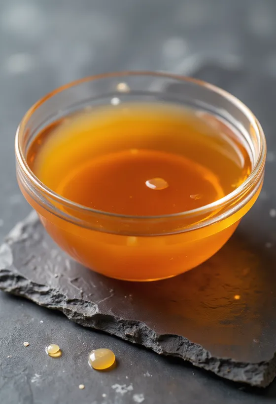 Ciotola di salsa di pesce ambrata con ingredienti fermentati e sale