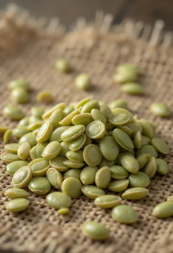 Semi di canapa decorticati in dettaglio su superficie chiara