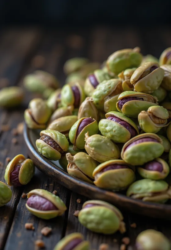 Pistacchi sgusciati verdi e viola su sfondo bianco