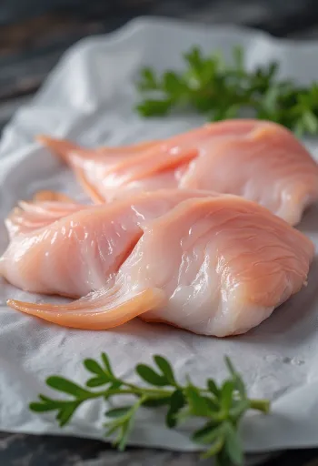 Filetti di pesce gatto freschi con spezie, limone e prezzemolo su tavola di legno