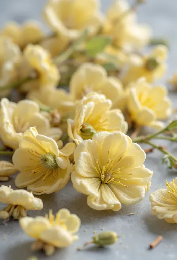 Fiori di tiglio essiccati in ciotola e sparsi su legno