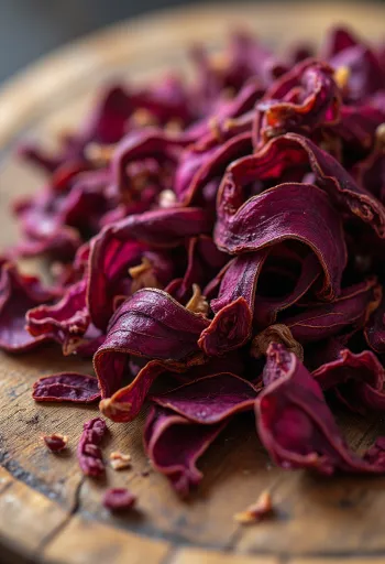 Petali di ibisco essiccati rosso scuro in ciotola e sparsi