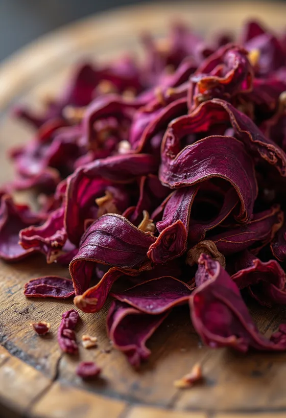 Petali di ibisco essiccati rosso scuro in ciotola e sparsi