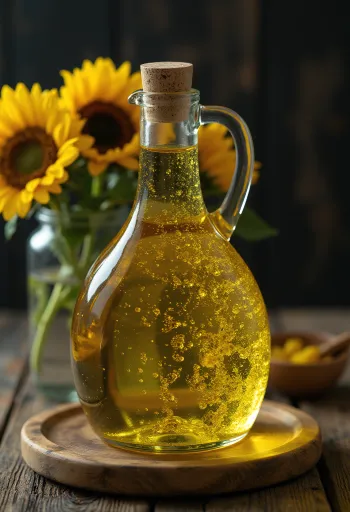 Olio di girasole spremuto a freddo in ciotola con semi e petali